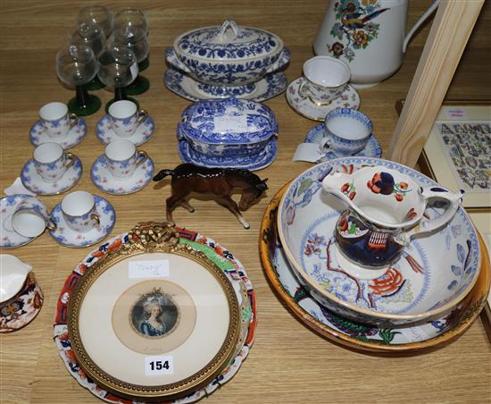 Small Beswick horse, set 6 green glass rummers, Masons ironstone dish and other items